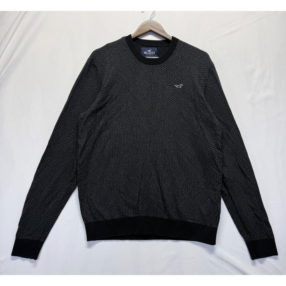 Hollister Sweater Mens XL Gray Black Textured Honeycomb Cotton Tight Knit Ribbed